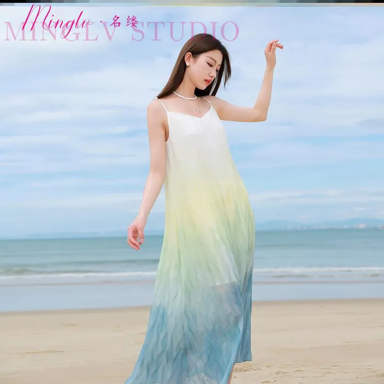 梦幻仙女裙~名缕大码女装夏季V领吊带连衣裙水波纹晕染长裙胖MM