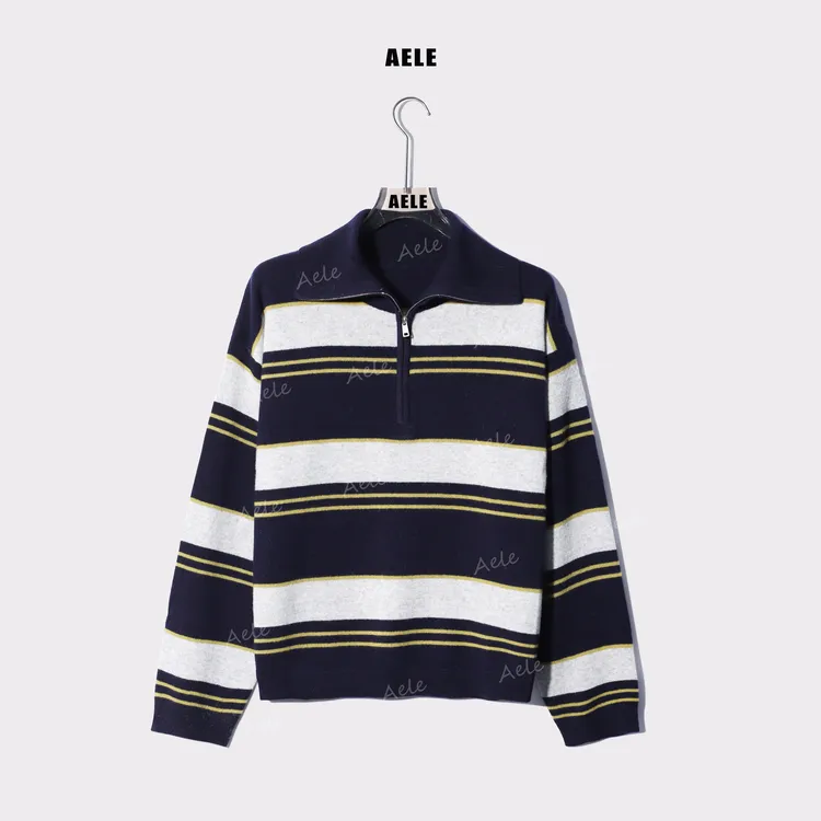 AELE复古立领翻领拉链针织条纹撞色长袖毛衣 X853 2789 AD
