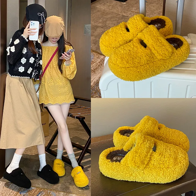 网红街拍法式厚底毛毛拖鞋女外穿2025秋冬新款小个子增高懒人拖鞋