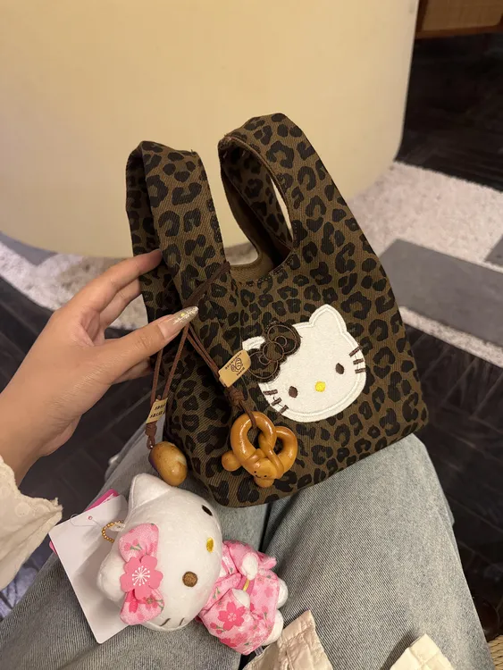 豹纹kt咪手提包外出上班杂物小拎包购物袋日常通勤百搭手拎小包包