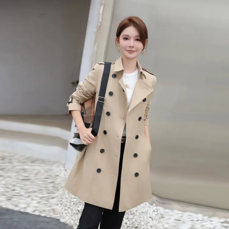 秋冬季新款女士时尚翻领双排扣气质修身外衣中长款高端风衣外套潮