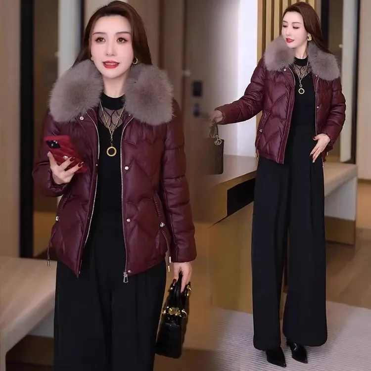 时尚PU皮免洗棉衣外套女2025冬季新款洋气保暖大毛领棉服皮棉袄潮