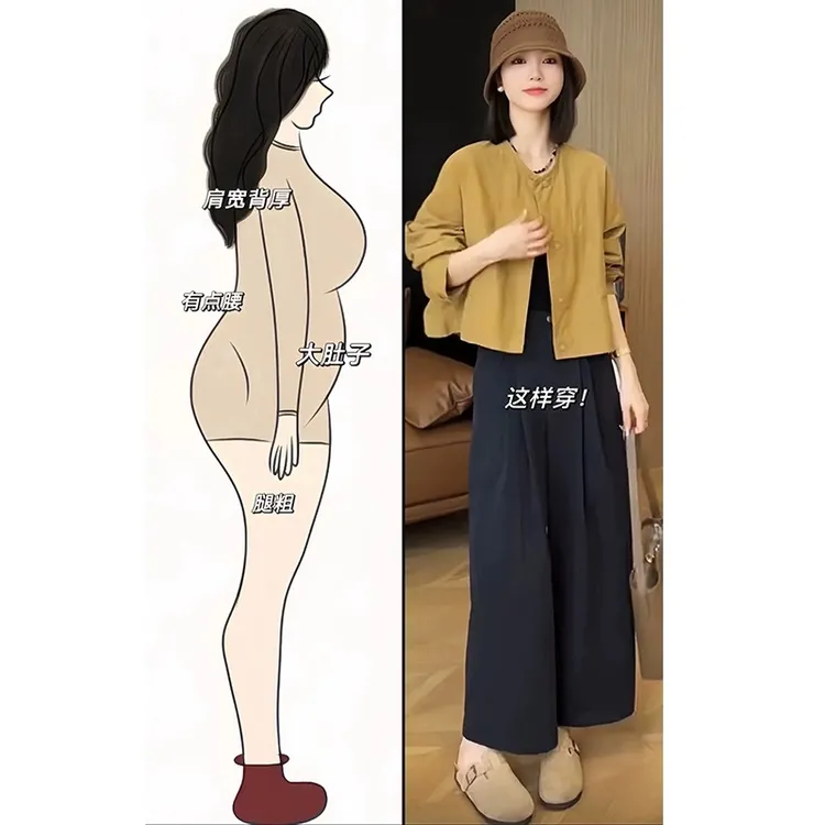 美式复古入秋别致女装圆领单排扣设计感长袖上衣搭配遮胯显瘦裤子