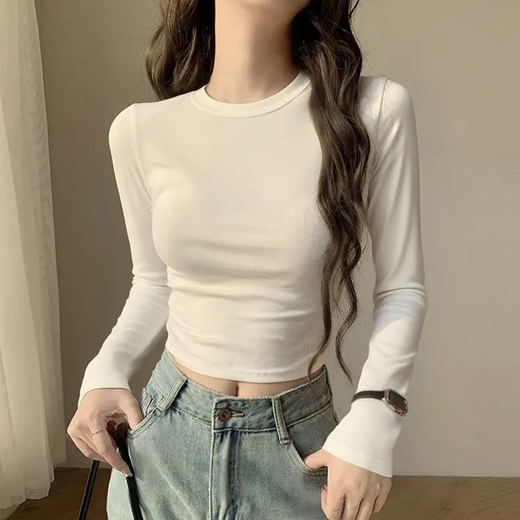 白色长袖t恤女2025秋季新款修身显瘦打底衫内搭短款露脐上衣ins潮