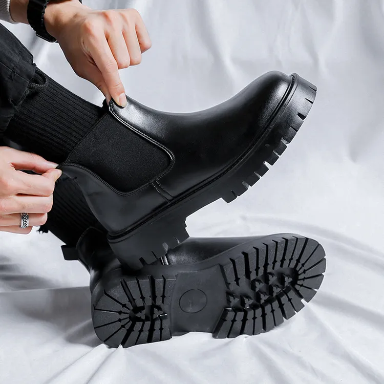 软牛皮切尔西靴男士休闲皮鞋真皮马丁靴高帮英伦风新款皮靴黑色