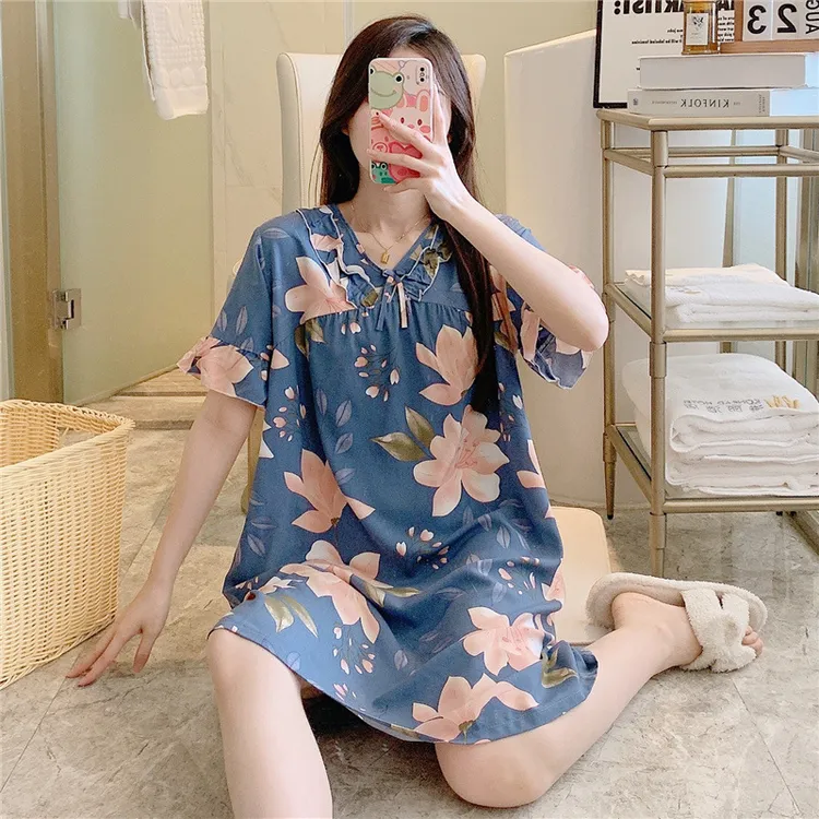 棉绸睡裙女夏季薄款大码短袖印花睡衣2024新款性感人造绵绸家居服