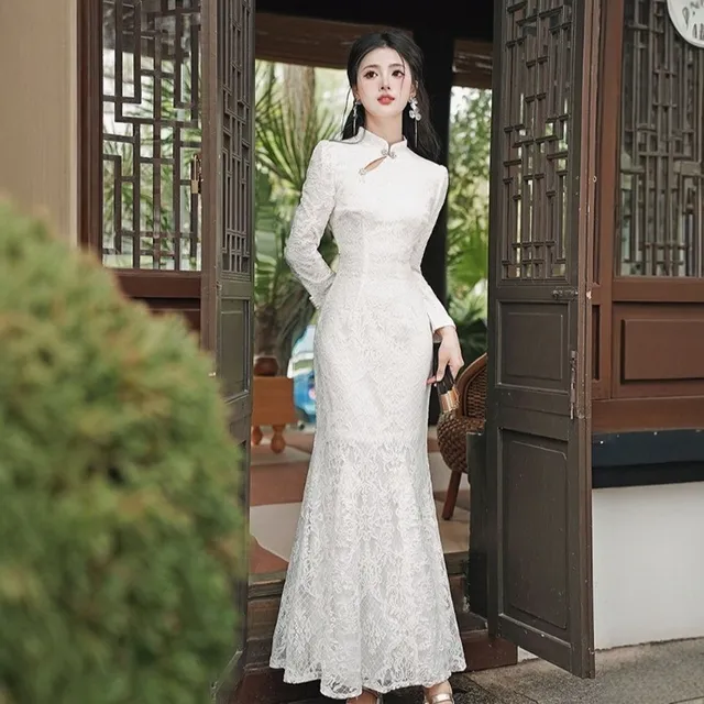 春季女装新中式国风改良旗袍领证订婚敬酒礼服鱼尾白色长裙结婚