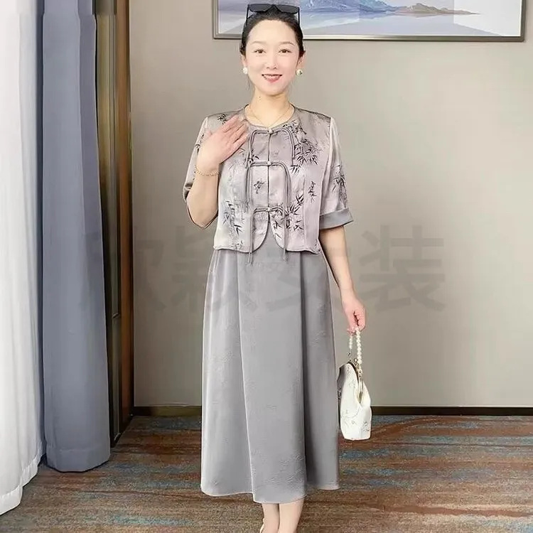 中年妈妈装新中式连衣裙套装女装中老年中长款长裙子两件套中国风