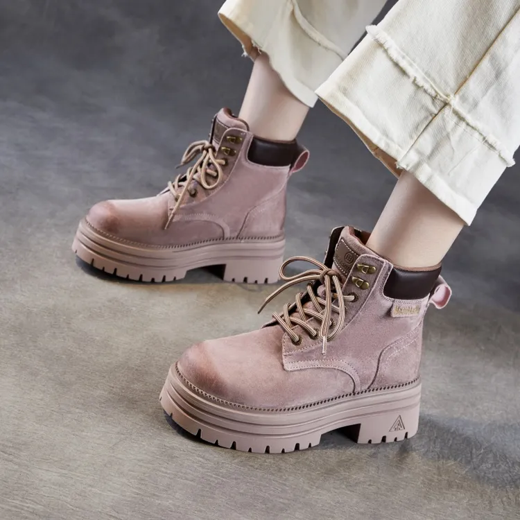 真皮厚底紫色马丁靴女2025秋冬新款百搭英伦风复古短靴超火大黄靴