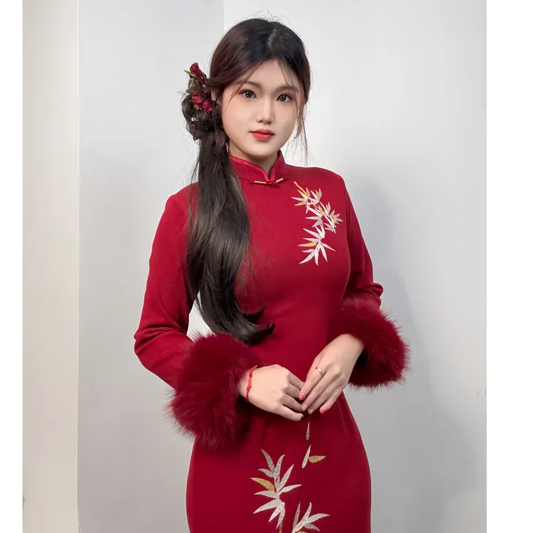 【竹影红妆】现货! 新中式国风改良旗袍结婚订婚敬酒竹叶刺绣枣红色