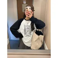 特大码300斤纯棉插肩T恤女装宽松百搭显瘦撞色胖mm长袖打底衫上衣