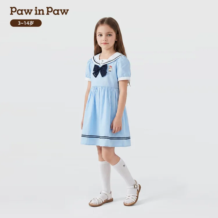 【全棉】PawinPaw卡通小熊童装26新女童海军泡泡袖连衣裙PCOWG2521M