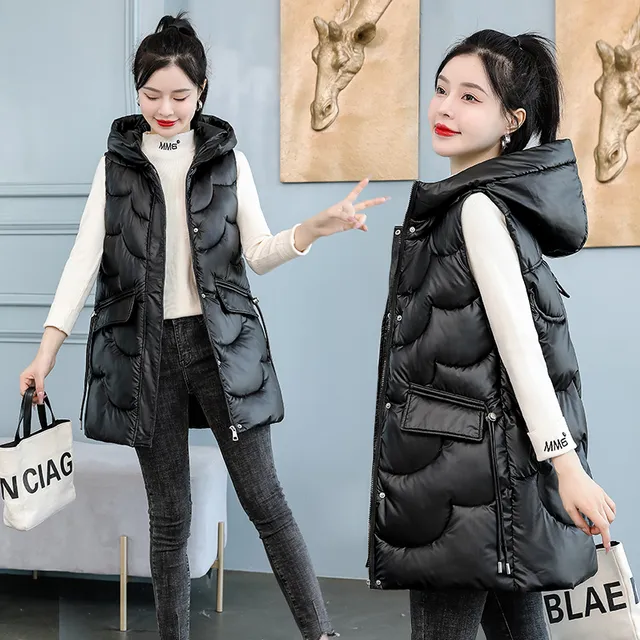 2025爆款马甲女中长款金膜亮面坎肩羽绒棉衣冬季百搭时尚连帽外套