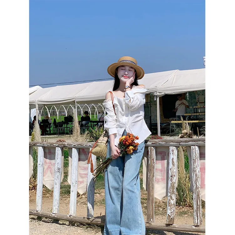 简约通勤高级感一字肩修身长袖衬衫上衣高腰复古百搭休闲牛仔裤女