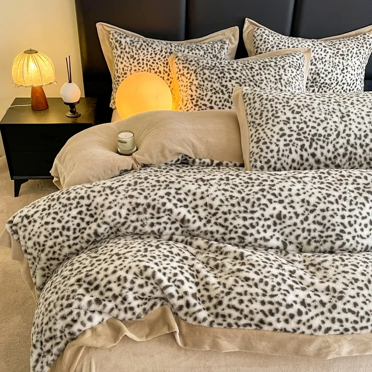 进口豹纹加厚冬季牛奶绒四件套A类保暖套件单人被套复古风兔兔-绒