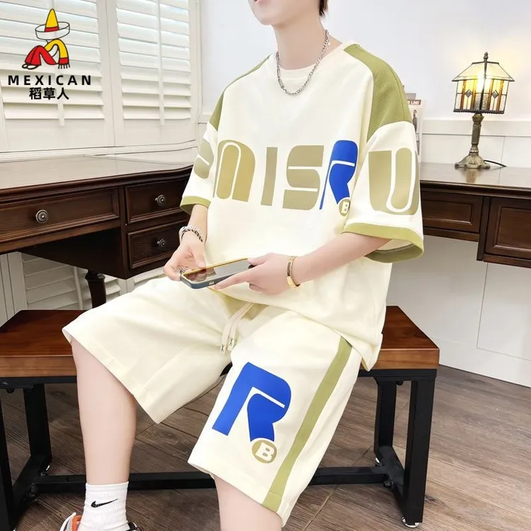 稻草人夏季男装帅气青少年短裤短袖套装宽松夏装时尚百搭潮流学生