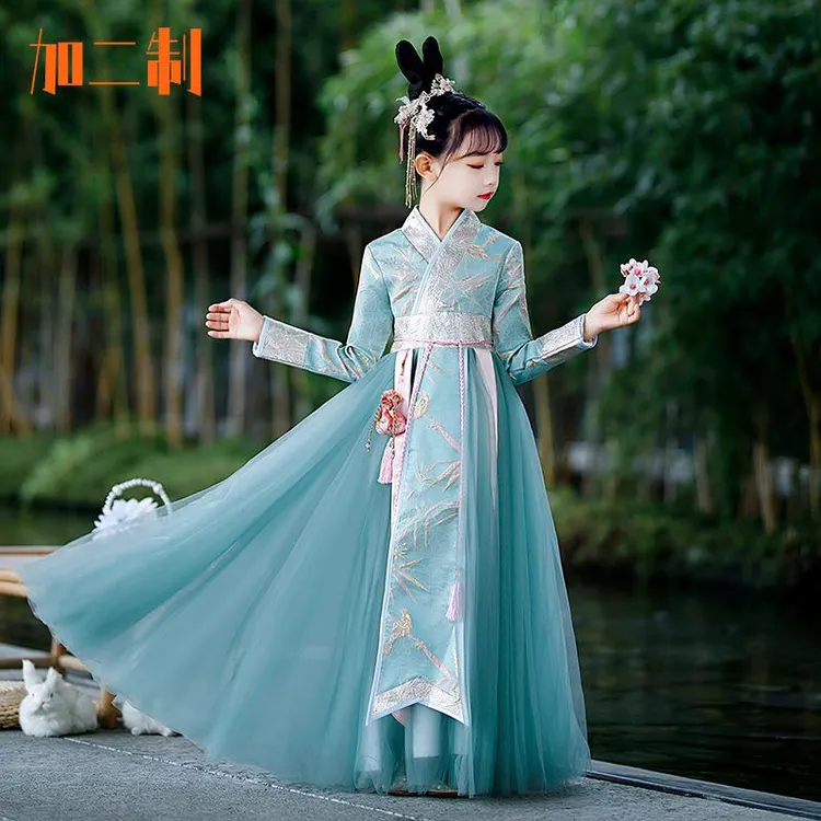 加二制轻奢童装中国风唐装襦裙小女孩古装长袖汉服粉色女童公主裙