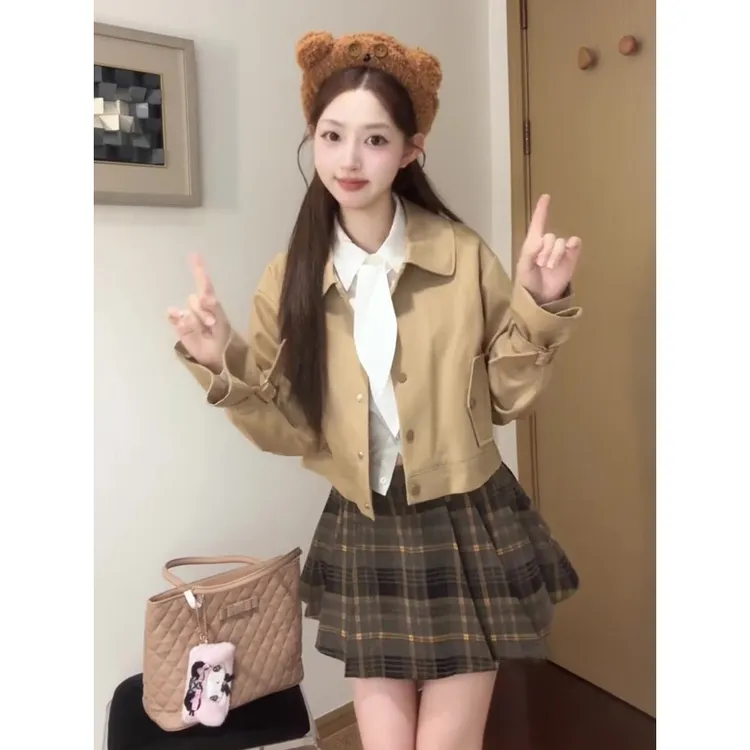伯爵茶饼干 学院风短款风衣兔耳朵白衬衫格子百褶裙套装秋