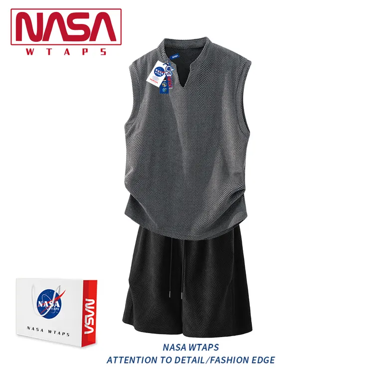 NASA WTAPS肌理感V领坎肩背心套装夏季男薄款星空纹无袖T恤两件套