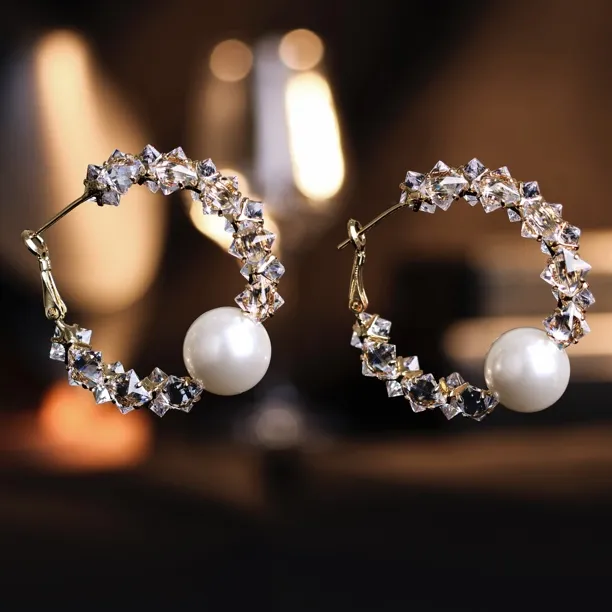 铜合金合成锆石耳饰 欧美时尚轻奢精致珍珠耳圈高级感圆圈耳环女