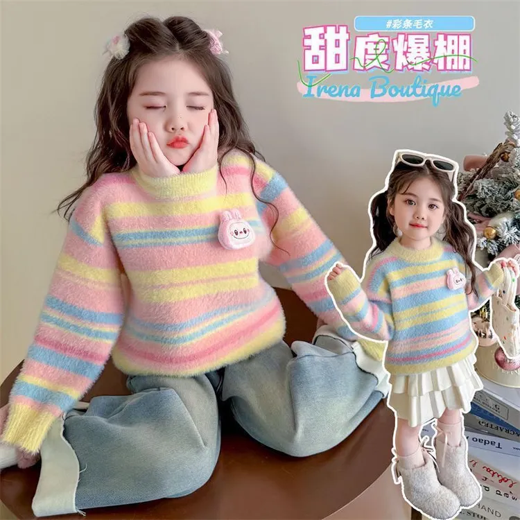 女童卡通动漫卡通风毛衣针织衫条纹加厚保暖长袖圆领冬季打底上衣
