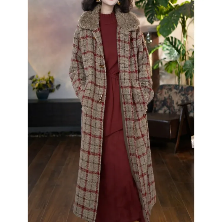 时尚韩系翻领格纹大衣女2026春冬新款减龄休闲风长款显瘦毛呢外套