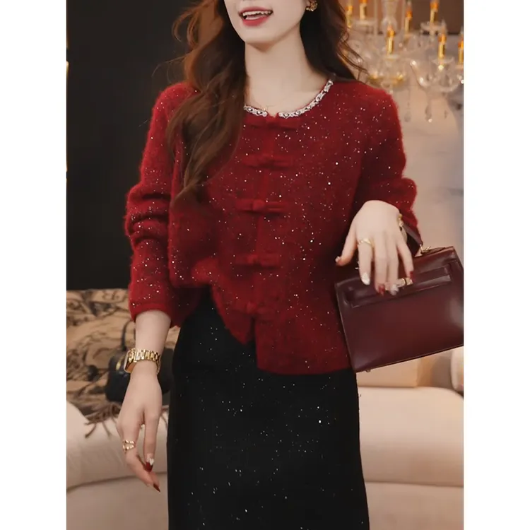 镶钻盘扣红色针织衫女冬季新中式国风红毛衣2025新款长袖气质上衣