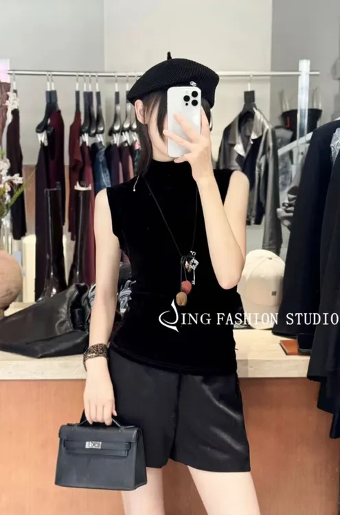 JING2025《万人迷丝绒背心》2025666纯色短袖T恤舒适百搭高领上衣女