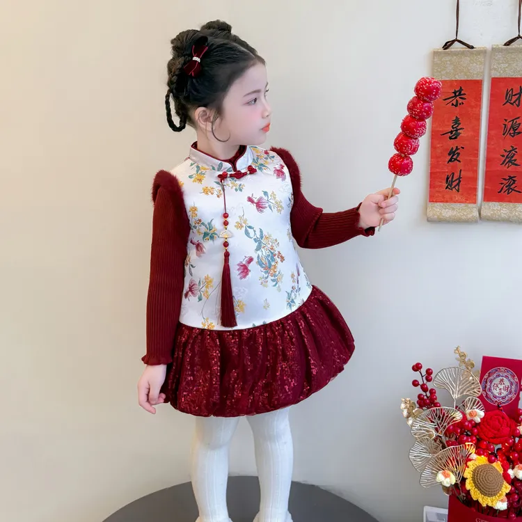 汉服女童国风加绒马甲裙冬季2026新款儿童中式拜年服宝宝过年衣服
