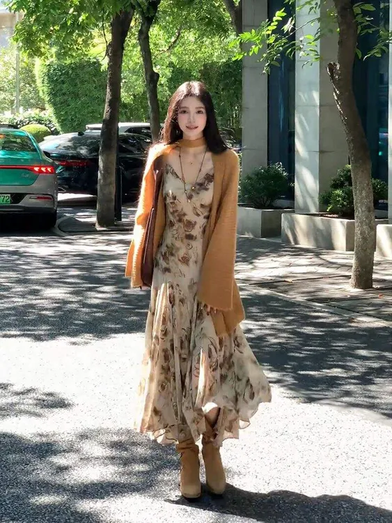 百搭女气质针织衫连衣裙外搭超仙小众浪漫吊带玫瑰两件套新秋季款