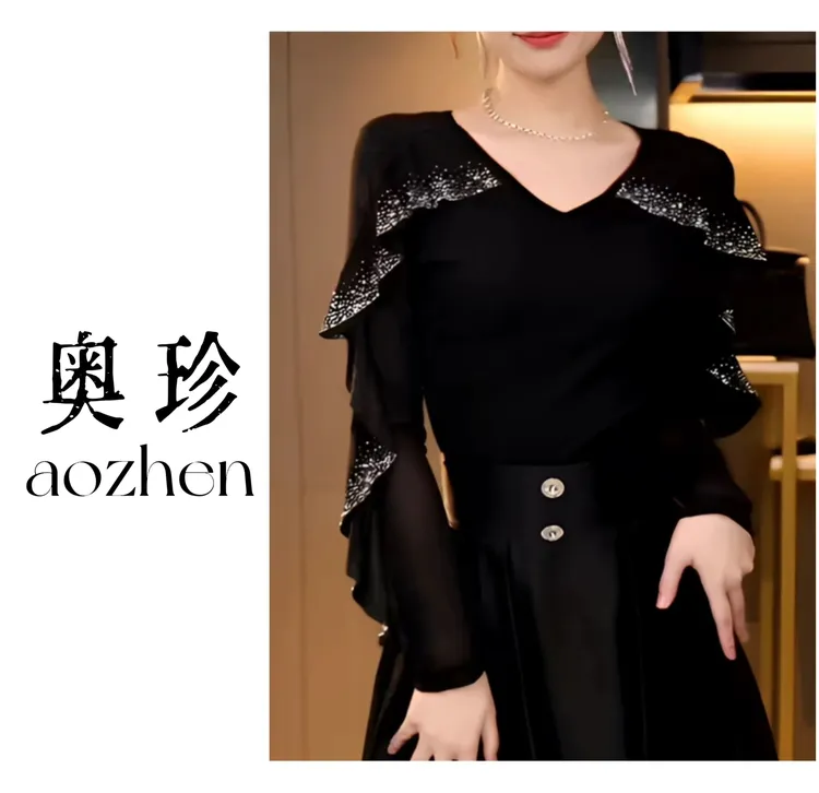 YI NUO春秋季V领网纱时尚镂空重工荷叶边烫钻百搭长袖上衣