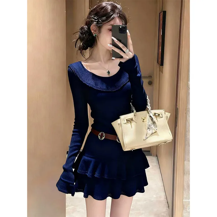 小个子大方得体女神范气质轻奢高级感巨好看藏蓝色针织连衣裙秋季