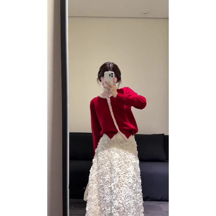 MARIE.COCO法式浪漫风红色假两件长袖针织衫女秋季立体花半身裙子