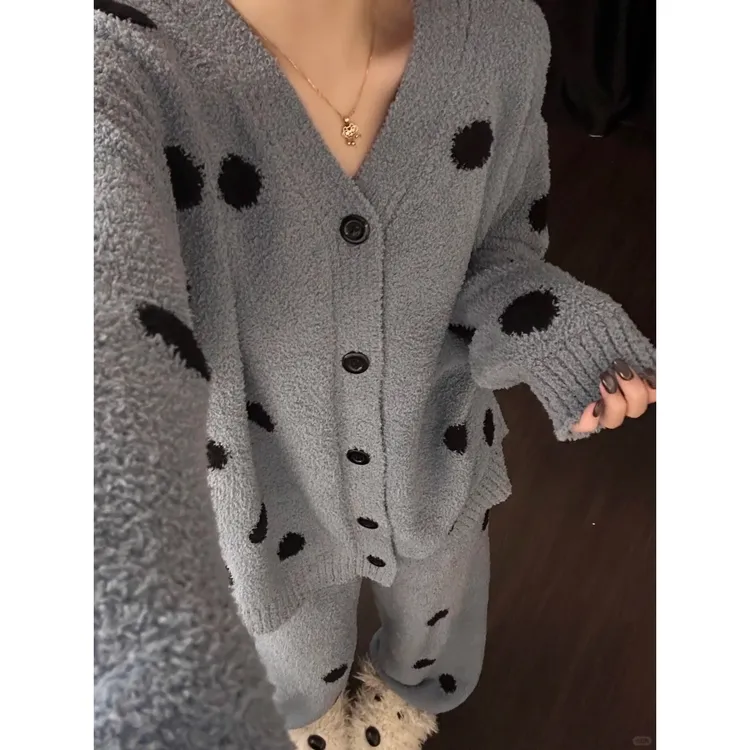 韩系甜美波点针织半边绒睡衣女冬季新款保暖加绒加厚家居服套装