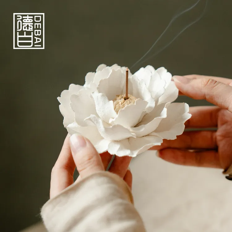 德白陶瓷非遗手捏牡丹花瓣线香插粗陶扩香香薰家居装饰摆件礼物