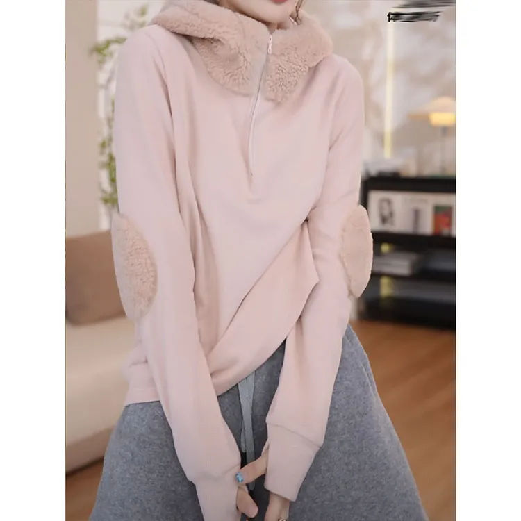 设计感双面德绒拼接连帽套头卫衣女2025冬季新款百搭减龄保暖上衣
