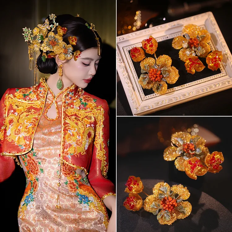 婚庆饰品耳饰古装超仙黄色手工红色金色发冠头饰橙色