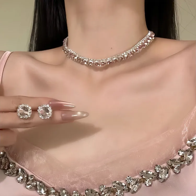 铜合金锆石项链 【千金晚宴】超闪粉钻锆石项链法式气质高级感颈链