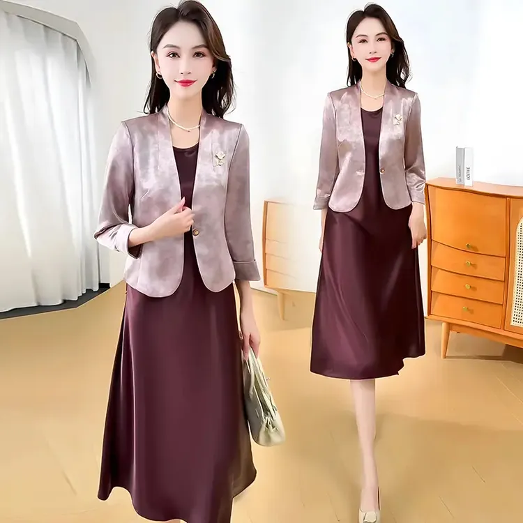 高级珍珠缎时尚两件套装连衣裙2025秋季新款修身显瘦礼服外套裙子