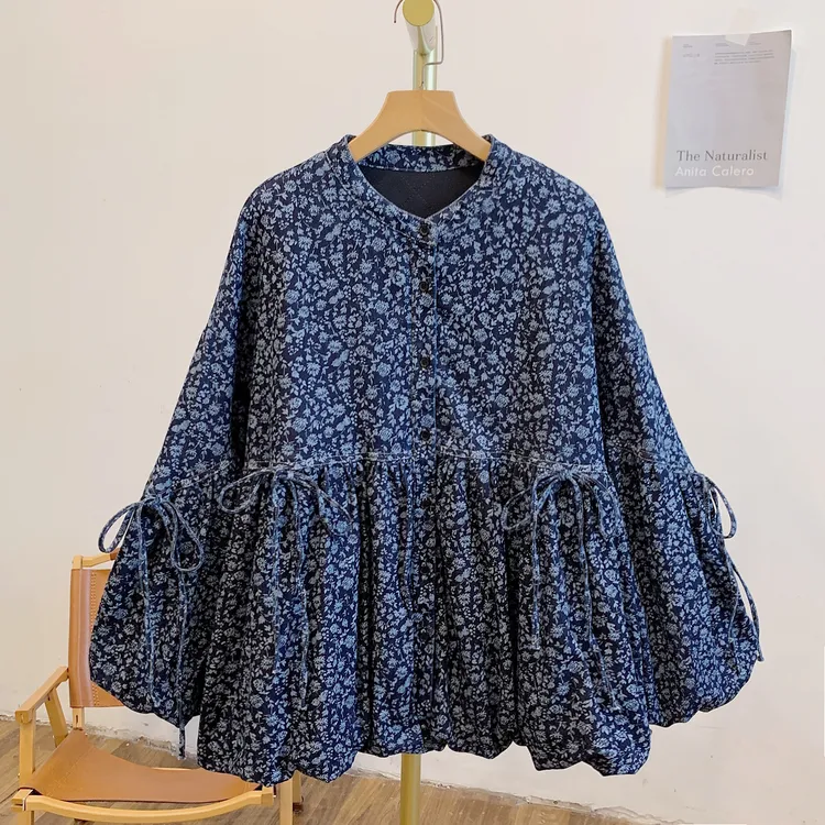 青花-夹棉衬衫Y3188-1夹棉碎花蝴蝶结系带全开扣圆领衬衫