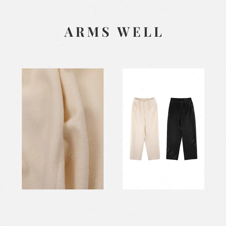 ARMS WELL王囡囡 黑/米白纽扣松紧腰桑蚕丝山羊绒休闲裤 S342