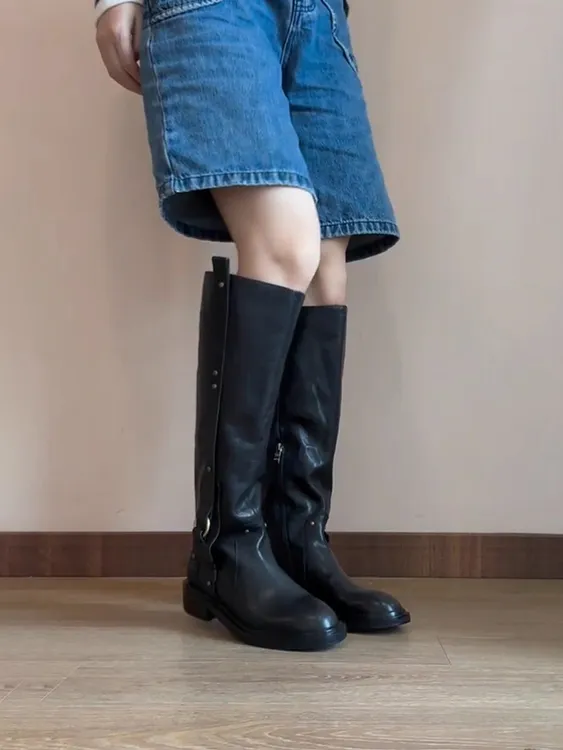 牛皮版~高筒骑士靴金属扣黑色不过膝长靴显瘦复古粗跟西部牛仔靴