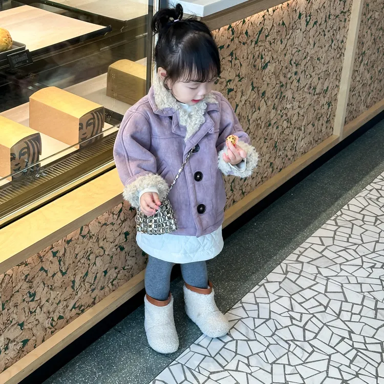 小思家女童2025冬季新款韩版麂皮绒外套白色夹棉半身裙套装
