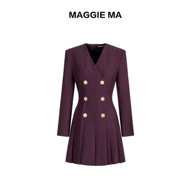 MAGGIE MA马婧设计师款尊贵紫色灵动层次感百褶连衣裙372D