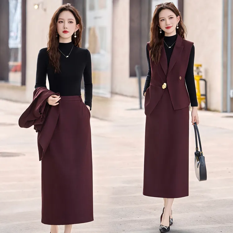 2025新款简约通勤连衣裙三件套女秋季英伦风马甲高腰西装裙套装女