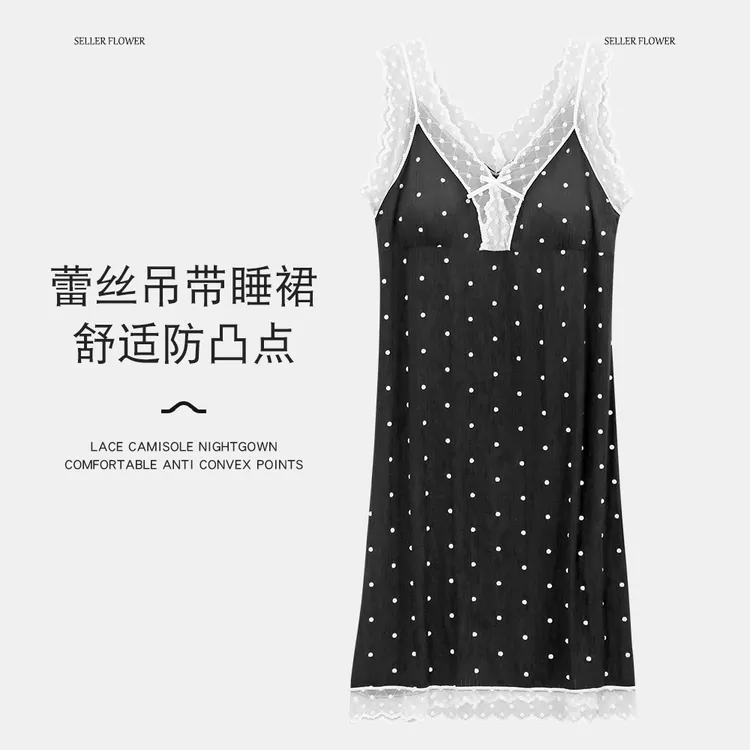 时尚蕾丝女款带胸垫睡裙吊带睡衣大码显瘦薄款夏季轻奢2024爆款