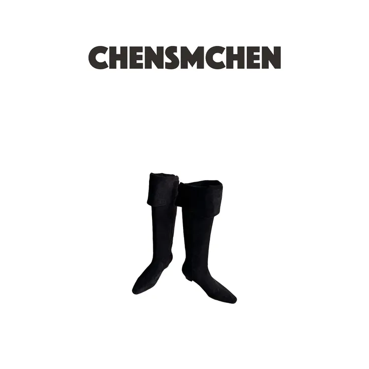 CHENSMCHEN  黑色尖头法式优雅扣饰设计显瘦显高长筒靴