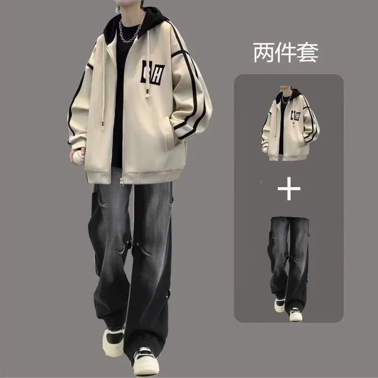 美式棒球服青少年秋冬季潮流假两件连帽夹克外套常规款加绒套装男