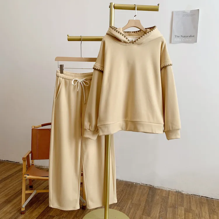 姜饼人C5345加绒刺绣连帽卫衣松紧腰休闲裤套装