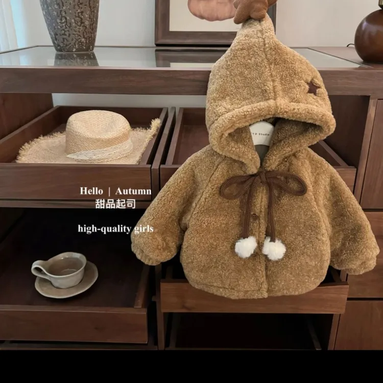 咖啡星韩系女宝宝原创精灵尖尖连帽星星女童呢子大衣加绒加厚外套